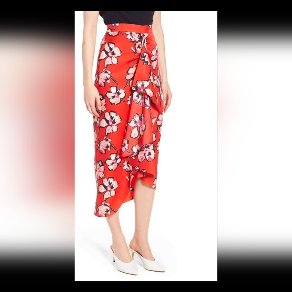 Lewit Skirt Faux Wrap 100% Silk Red Floral Midi Ruffle Skirt Sz 6